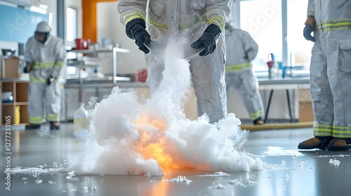 image showcasing the of fire suppression foam for firefighting applications  The foam is being mixed and ready to be applied to extinguish flames and protect against fire hazards