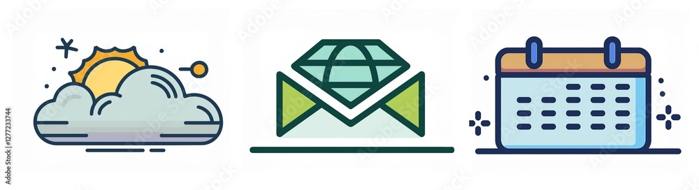Three icons represent weather with sun and cloud, email with a diamond inside an envelope, and a calendar.  These represent elements of daily planning.