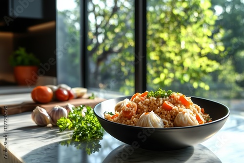 Savory grain bowl with dumplings and fresh ingredients on a kitchen counter.