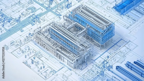 Fototapeta Naklejka Na Ścianę i Meble -  isometric blueprint diagram showcasing the detailed pipe layout and mechanical system design of a multi floor commercial building or facility