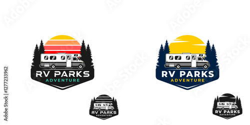 The retro vector logo illustration. Featuring RV park adventures with pines tree and sunset as background.