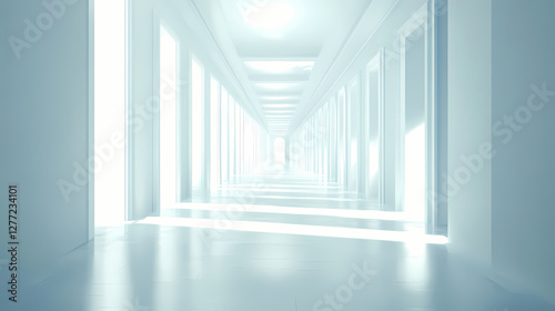 Endless white corridor, mystical light guides a digital path through an abstract, surreal space. Surrealist Endless Corridor. Illustration