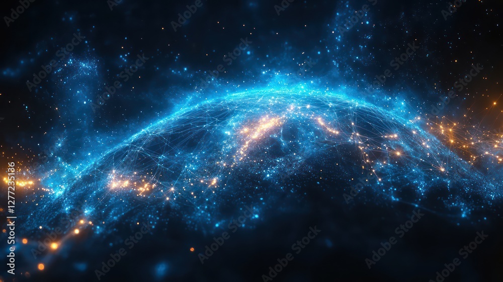 Obraz premium A glowing blue globe with minimal network lines and smooth light trails flowing around it, symbolizing global data exchange.