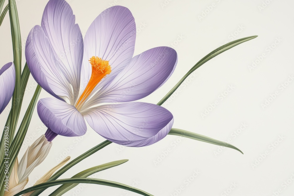 Purple flower with an orange center sits in front of a white background Purple flower with an orange center sits in front of a white background