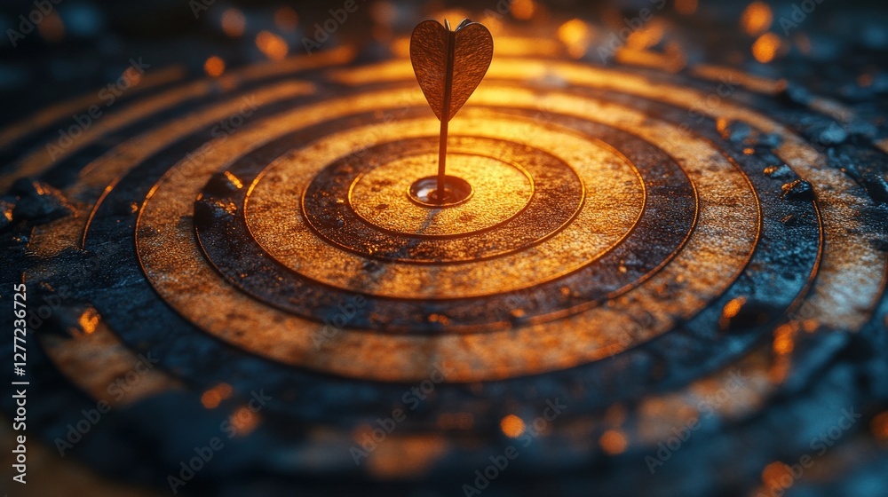 A metallic heart-shaped arrow embedded in a textured target, surrounded by glowing stones A metallic heart-shaped arrow embedded in a textured target, surrounded by glowing stones
