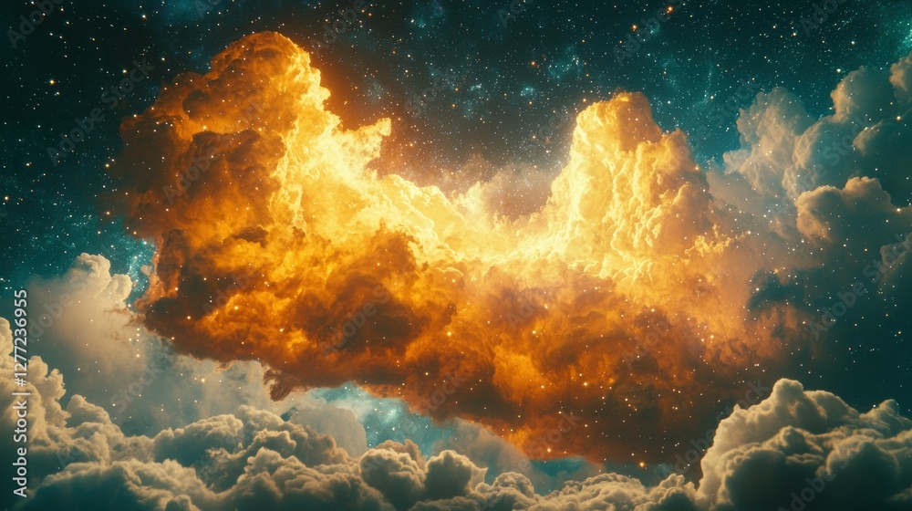 Fototapeta premium Fiery celestial cloud formation in starry night sky