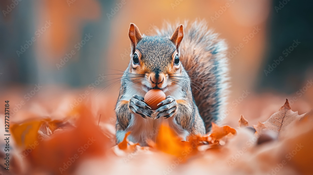 Autumn squirrel holding an acorn amidst fall leaves close-up Autumn squirrel holding an acorn amidst fall leaves close-up