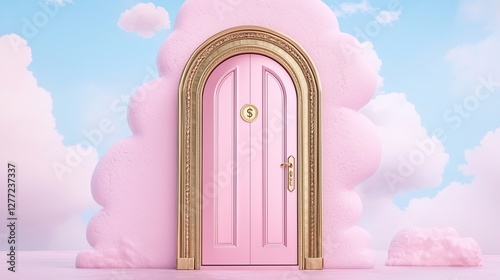 Financial return expansion growth investment. A whimsical pink door framed in gold stands amidst fluffy clouds under a bright blue sky, inviting imagination and curiosity. photo