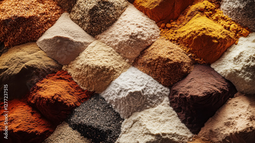 Vibrant arrangement of multicolored spice powders for culinary inspiration photo