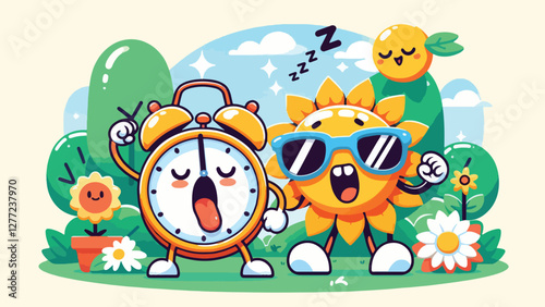 Sleepy Alarm Clock, A sleepy alarm clock character yawning as its hands is moved forward by a cheerful sun wearing sunglasses, with a springtime garden in the background 
