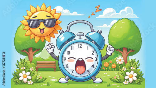Sleepy Alarm Clock, A sleepy alarm clock character yawning as its hands is moved forward by a cheerful sun wearing sunglasses, with a springtime garden in the background 