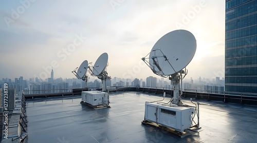 Satellite dishes mounted on the rooftop of a towering skyscraper sending and receiving various signals and data across the bustling urban landscape below