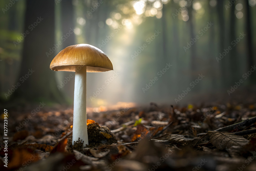 Mashroom Macro Shot Single Golden Brown Fungi in Forest Mashroom Macro Shot Single Golden Brown Fungi in Forest