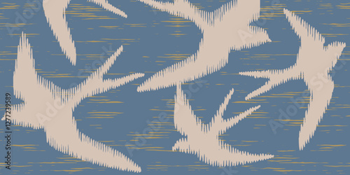 Crafted hand drawn brush line swallow birds background, Japanese and ethnic folk wood carving, engraving, block print, weaving texture surface, simple nature graphic for textile, carpet, stationary