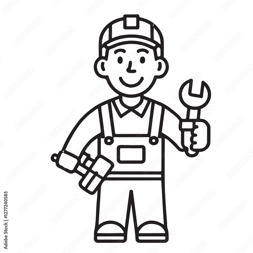 Happy Mechanic Cartoon Illustration with Tools Happy Mechanic Cartoon Illustration with Tools
