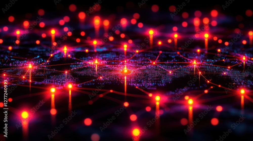 Fototapeta premium A sleek digital Earth with glowing network lines and bright nodes connecting global hubs, symbolizing worldwide information flow and connectivity.