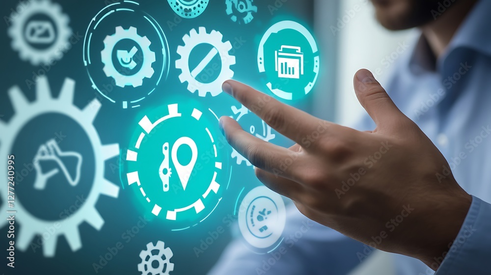 A businessman touching a virtual screen with safety and health icons, with gears in the background A businessman touching a virtual screen with safety and health icons, with gears in the background