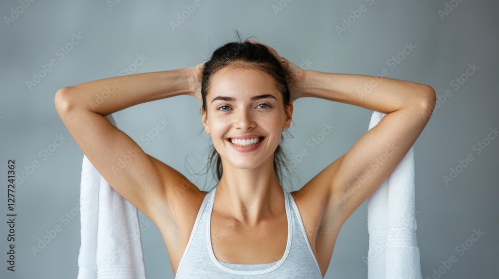 Dynamic young woman stretches her toned muscles in the gym, embracing fitness and wellness with a towel draped over her shoulders. Dynamic young woman stretches her toned muscles in the gym, embracing fitness and wellness with a towel draped over her shoulders.