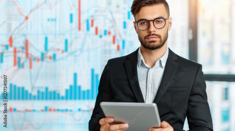 Dynamic young businessman in urban setting with a tablet, symbolizing future success and opportunity in finance. Dynamic young businessman in urban setting with a tablet, symbolizing future success and opportunity in finance.