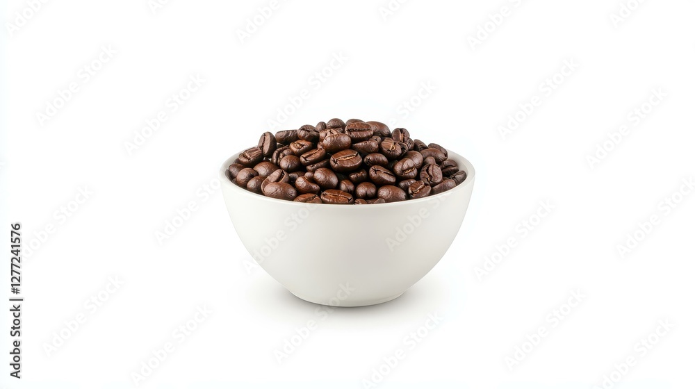 Obraz premium A smooth bowl filled with rich coffee beans stands out against a soft white backdrop for a serene coffee vibe.