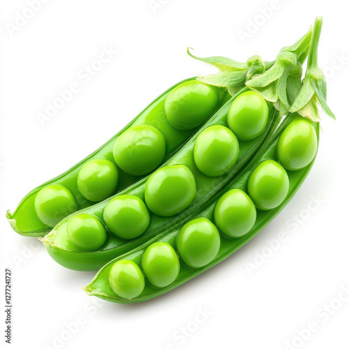 A vibrant bunch of fresh peas, showcasing their roundness and lush green hue on a bright white backdrop.