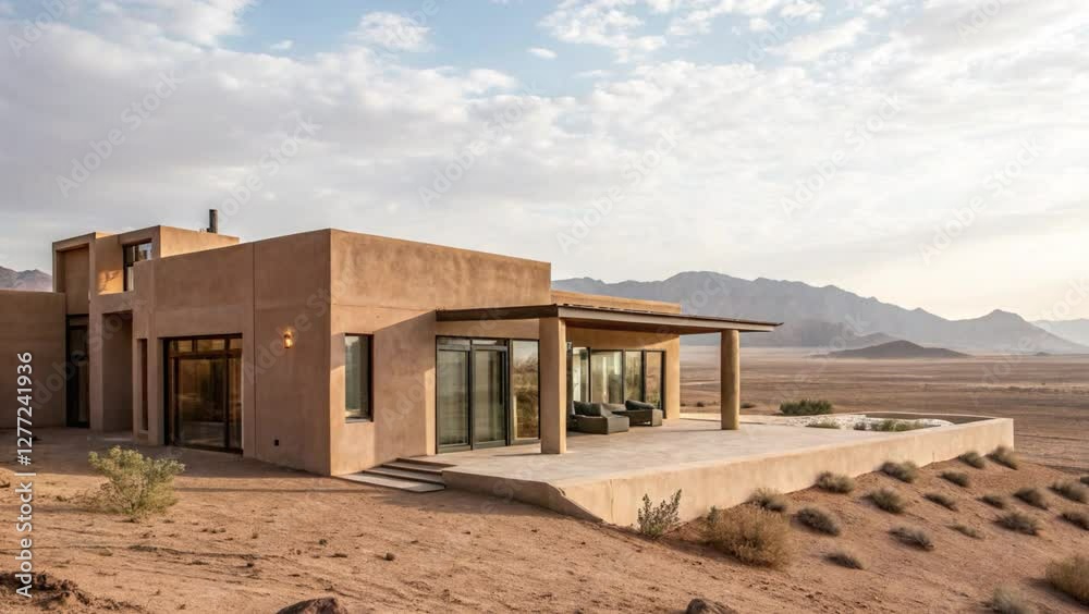 A sleek, contemporary house with large glass windows and earthy tones, blending seamlessly with the surrounding arid desert environment. A sleek, contemporary house with large glass windows and earthy tones, blending seamlessly with the surrounding arid desert environment.