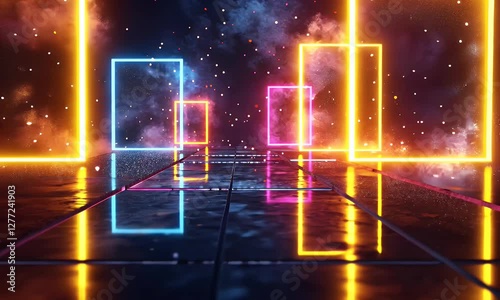 Neon rectangles path in futuristic space