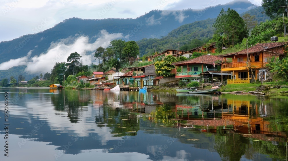 Serene Lakeside Village with Colorful Houses and Mountains Under Cloudy Sky Reflecting in Calm Water During Early Morning Hours Serene Lakeside Village with Colorful Houses and Mountains Under Cloudy Sky Reflecting in Calm Water During Early Morning Hours