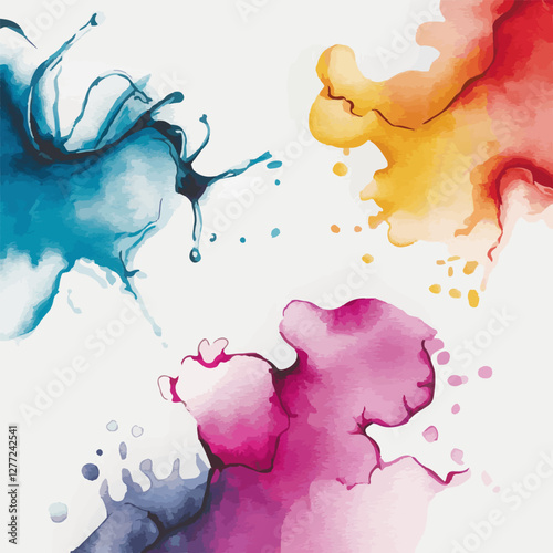 A set of watercolor splashes blending blue, pink, yellow, and purple tones in an expressive abstract style.