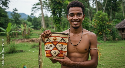 Smiling Indigenous Man Holding Traditional Woven Bag in Lush Green Village