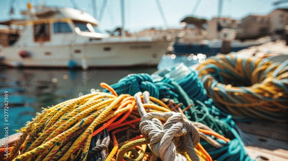 Colorful Fishing Ropes and Tangles on a Dock with Boats in the Background Under Bright Blue Sky, Perfect for Maritime or Nautical Themes Colorful Fishing Ropes and Tangles on a Dock with Boats in the Background Under Bright Blue Sky, Perfect for Maritime or Nautical Themes