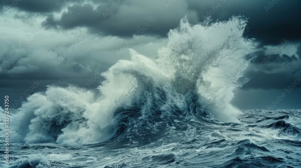 Dramatic Turbulence of Ocean Waves Under Brooding Skies with Stormy Clouds Creating a Powerful Seascape Atmosphere Dramatic Turbulence of Ocean Waves Under Brooding Skies with Stormy Clouds Creating a Powerful Seascape Atmosphere