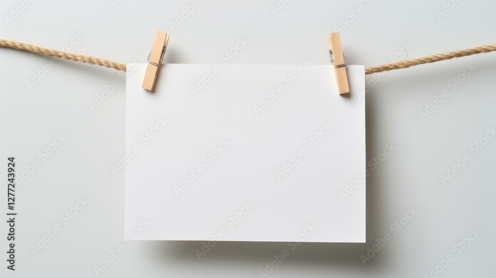 A simple white paper hangs from a rope, secured with clothespins, perfect for notes or reminders on a clean backdrop. A simple white paper hangs from a rope, secured with clothespins, perfect for notes or reminders on a clean backdrop.