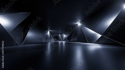 Fototapeta Naklejka Na Ścianę i Meble -  Futuristic dark tunnel with triangular walls, spotlights, and reflective floor