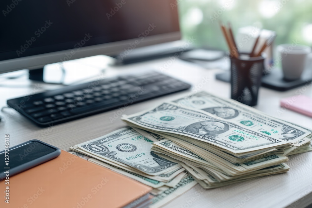 Fototapeta premium Bills of various currencies scattered on an office desk during a busy workday