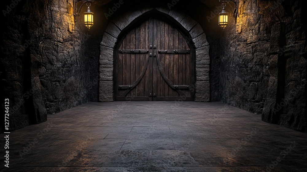 Obraz premium Old wooden door entrance to a dark castle hallway with medieval lamps in a dungeon background