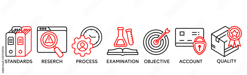 Audit banner web icon vector illustration concept with icon of standards, research, process, examination, objective, account, and quality Audit banner web icon vector illustration concept with icon of standards, research, process, examination, objective, account, and quality