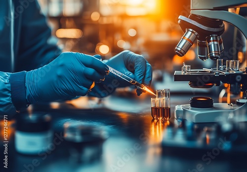 A close-up of hands in blue gloves using a long pipette tip and test tube on the table, with other equipment such as a microscope, a macro lens, and a laboratory background