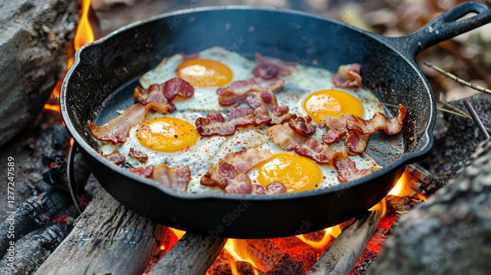 bacon and eggs sizzling in a cast iron skillet, Ai Generated. bacon and eggs sizzling in a cast iron skillet, Ai Generated.