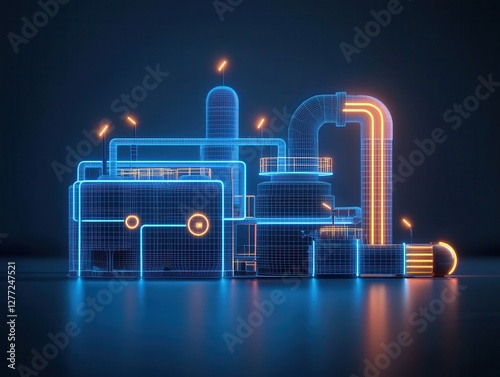 A futuristic industrial complex depicted in glowing blue and orange lines against a dark background, representing advanced manufacturing technology.