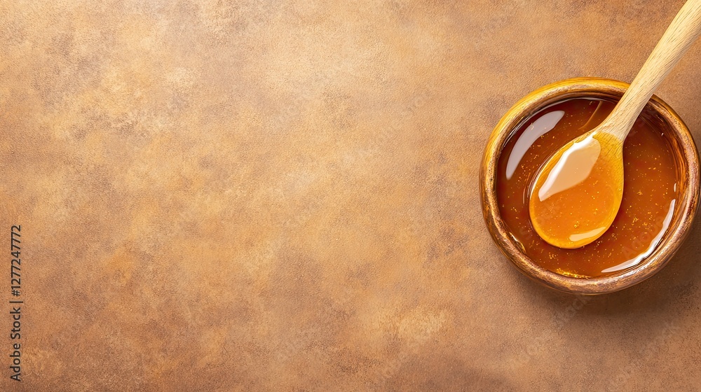 Φωτογραφία Top view of wooden bowl with caramel sauce and spoon on mottled background for f