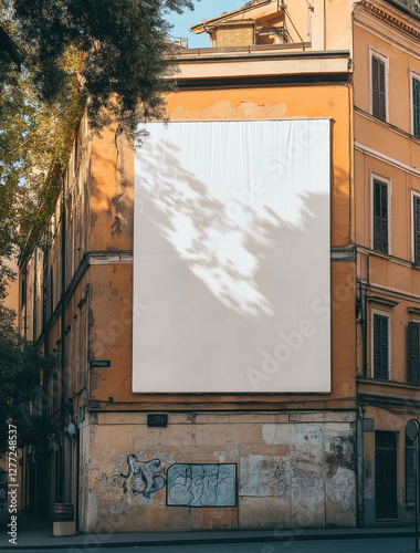 Fototapeta Naklejka Na Ścianę i Meble -  Billboard mockup on Italian outdoor wall. A large blank poster on Mediterranean building in bright day light.