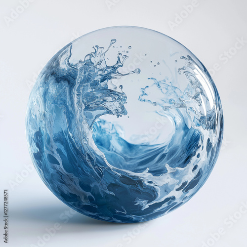 Blue water waves in round motion in a transparent sphere isolated. Dynamic water swirl with foamy waves in globe.