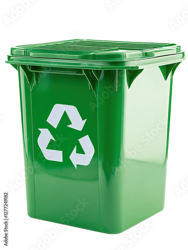 Green Recycling Bin with White Recycling Symbol on transparent Background