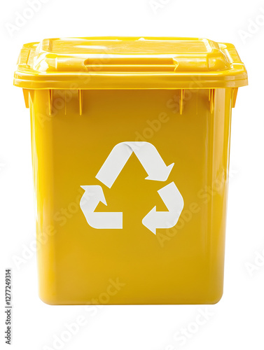 Yellow Recycling Bin with White Recycling Symbol on Front on transparent background