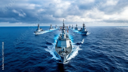 Fleet of Navy Warships Sailing on Deep Blue Ocean Under Cloudy Sky On Sunny Day