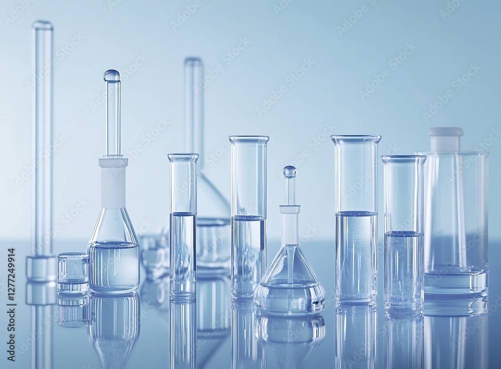 A collection of glass beakers and test tubes filled with clear liquid, arranged on a reflective surface in front of a blue gradient background A collection of glass beakers and test tubes filled with clear liquid, arranged on a reflective surface in front of a blue gradient background