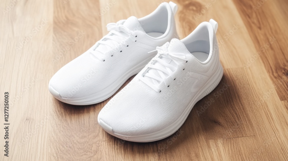 A clean and minimalist image of classic white gym shoes on a wooden floor. A clean and minimalist image of classic white gym shoes on a wooden floor.