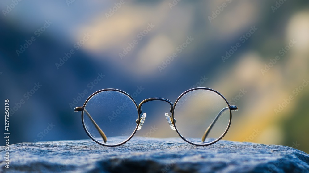 A clean, minimalist image of a single pair of eyeglasses with delicate metal frames, on a smooth stone surface. A clean, minimalist image of a single pair of eyeglasses with delicate metal frames, on a smooth stone surface.