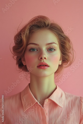 Wallpaper Mural Portrait of a young woman with soft features against a pastel pink backdrop, exuding calmness and elegance Torontodigital.ca